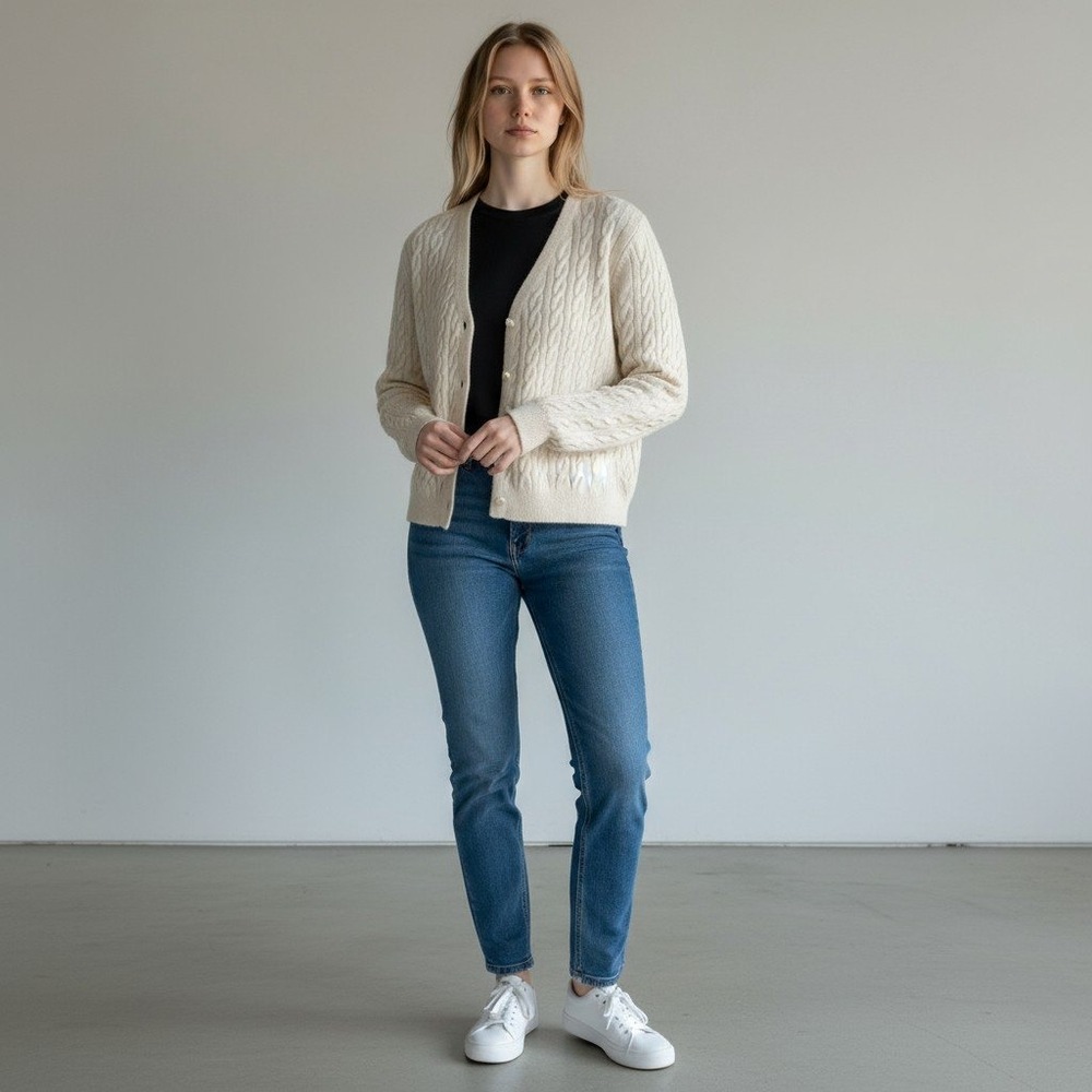 H&M Cardigan Cream‎ Cable Knit Wool Blend Pearl Small Chic Classic Preppy NEW